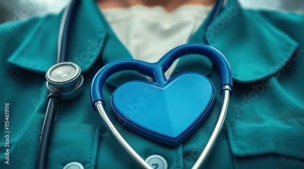 Fototapeta A healthcare professional wearing scrubs with a stethoscope and a heart symbol.