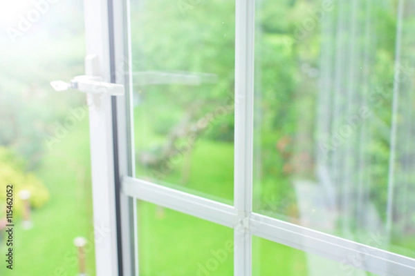 Obraz Window with view of summer backyard 