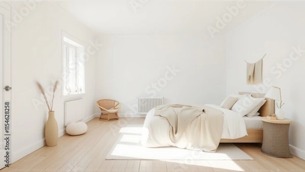Fototapeta A bright, minimalist bedroom with a wooden bed, white bedding, natural decor elements, and soft lighting creating a cozy, serene atmosphere. Generative, AI,