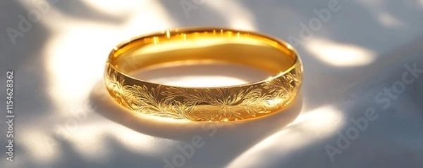Fototapeta A gold bracelet with delicate engravings resting on a smooth white background, glowing under high-contrast lighting. contrast, white background, well-lit