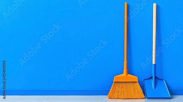 Obraz Bright blue wall with cleaning tools, featuring an orange broom and a blue shovel, showcasing a clean and organized space.