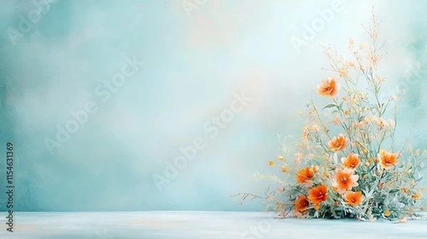 Obraz Peach & Teal Floral Background, Spring Blooms - Pastel color palettes