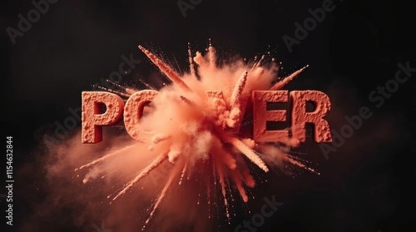Fototapeta A dynamic explosion of the word "POWER" surrounded by a cloud of dust and particles.