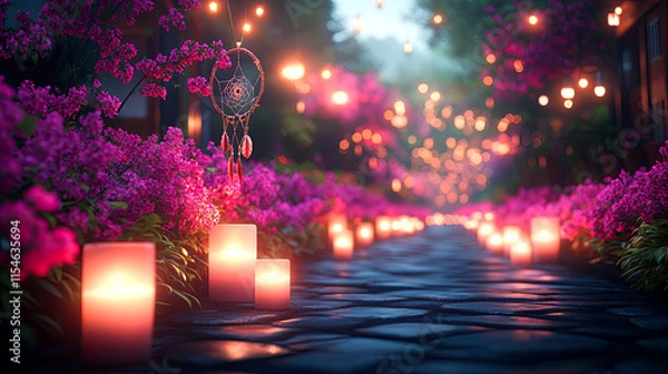 Fototapeta Magical path lined with candles and flowers at night.