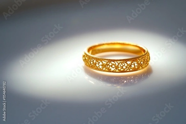 Obraz A gold ring with delicate filigree resting on a smooth white background, illuminated by sharp, vibrant reflections. contrast, white background, well-lit, sharp, realistic