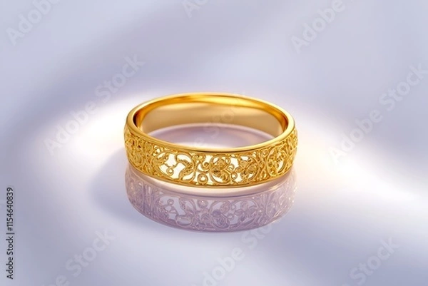 Obraz A gold ring with delicate filigree resting on a smooth white background, illuminated by sharp, vibrant reflections. contrast, white background, well-lit, sharp, 