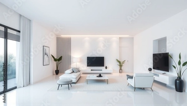 Fototapeta Modern living room with wooden ceiling beams, white walls, large windows, minimalistic furniture, and green plants, creating a bright and serene atmosphere. Generative, AI,