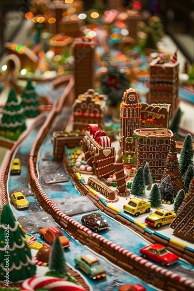 Fototapeta Whimsical Gingerbread Metropolis with Chocolate River and Trees