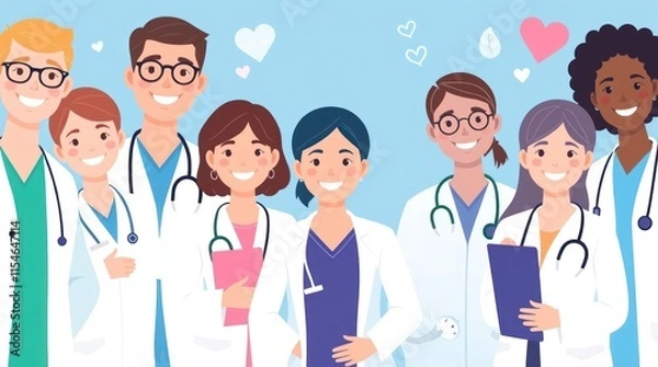 Fototapeta A group of cheerful healthcare professionals in white coats, promoting teamwork and care.