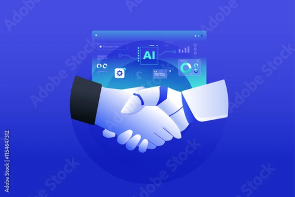 Obraz Ai Robot Handshake Collaboration, Future of Digital data application and platform dashboard, 
human partnership with artificial intelligence