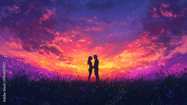 Fototapeta Romantic couple silhouette under a vibrant sunset sky symbolizing love, connection, and eternal bonds