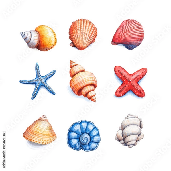 Fototapeta Assorted Watercolor Seashells Collection