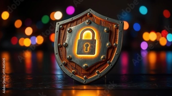 Fototapeta A shield with a glowing padlock symbol, representing security and protection.