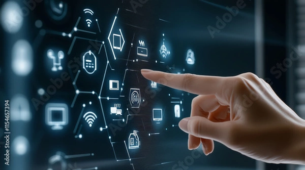 Fototapeta Fingers manipulate data on holographic projection screen