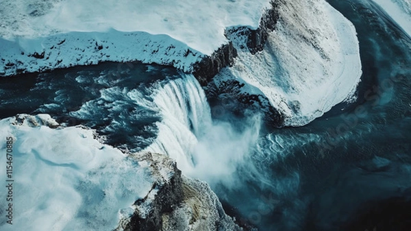 Fototapeta Majestic waterfall cascading over snow-covered cliffs in winter landscape. 