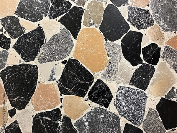 Obraz Detailed view of terrazzo stone surface showcasing a mix of black, beige, and white stone fragments