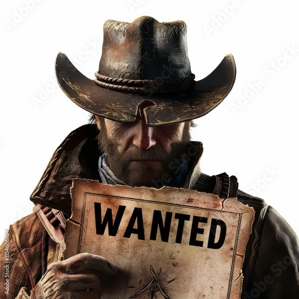 Obraz Intense Cowboy with Wanted Poster Against White Background