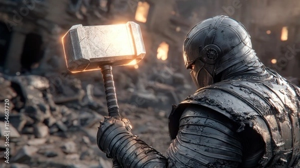 Fototapeta A warrior stands amid ruins, gripping a glowing hammer, symbolizing power and resilience in a battle-scarred landscape.