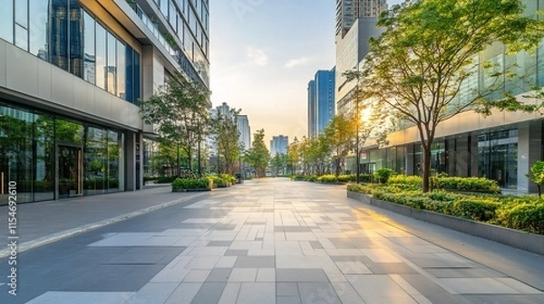 Fototapeta Modern Empty Pavement with Architectural Design and Urban Landscape