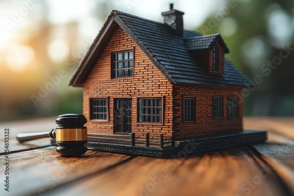 Fototapeta Gavel and house model on the table, symbolizing real estate law and home ownership, with soft-focus and cinematic lighting.