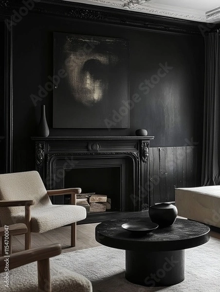 Fototapeta Dark Living Room Decor With Modern Fireplace And Abstract Art