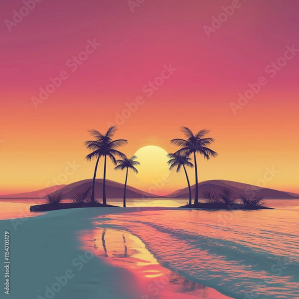 Fototapeta Tropical Beach with Palm Trees at Sunset