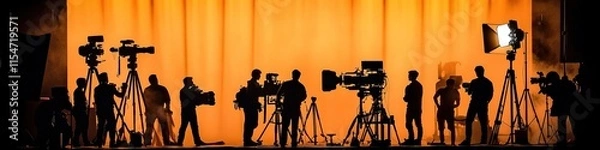 Fototapeta Cinematic Silhouettes: Film Crew at Work in Atmospheric Fog. Creative Abstract Background Capturing Dramatic Lighting and High-Resolution Shadows on Stage. AI-Generated Design for Advertising and Mark