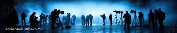 Fototapeta Cinematic Silhouettes: Film Crew at Work in Atmospheric Fog. Creative Abstract Background Capturing Dramatic Lighting and High-Resolution Shadows on Stage. AI-Generated Design for Advertising and Mark