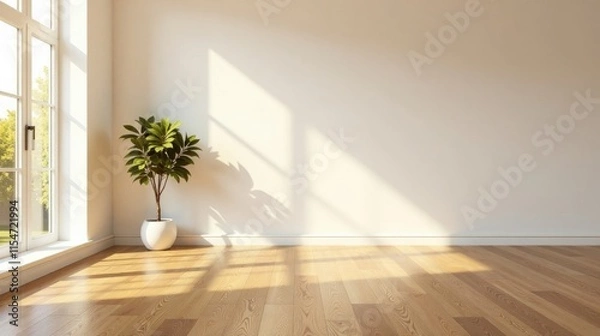 Fototapeta Sunlit Empty Room with Hardwood Floor and Potted Plant