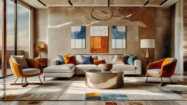 Fototapeta Modern living room interior, warm color palette, L-shaped beige sectional sofa, colorful throw pillows, round wooden coffee table, abstract geometric wall art, large windows, natural light, hardwood f