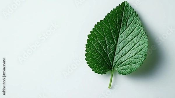 Fototapeta Bright green herbal leaves placed on a clean white background. The texture and veins of the leaves are fresh and natural details, background wallpaper AI generated image