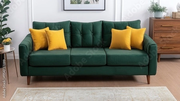 Fototapeta Green velvet sofa with yellow cushions in living room.