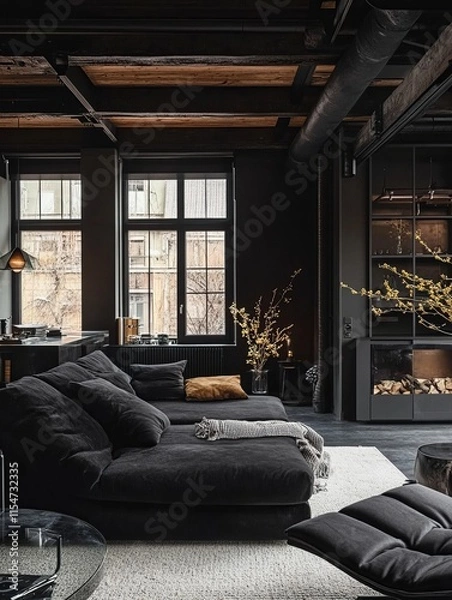 Obraz Dark Modern Living Room Interior Design With Sectional Sofa