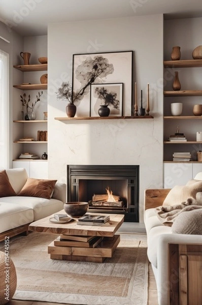 Fototapeta cozy living room, modern rustic interior, neutral color palette, white sofa, wooden coffee table, fireplace, large windows, sheer curtains, potted plant, abstract wall art, textured throw pillows, war