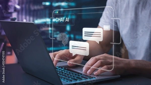 Fototapeta ChatGPT, LLMs (Large Language Models) Chat With AI Technology. Man Using a Laptop Computer Chatting With an Intelligent Artificial Intelligence. Smart Assistant Futuristic Concept Background.