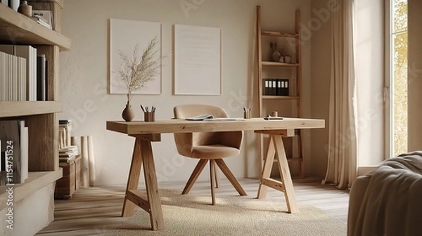 Fototapeta Modern Timber Desk Mockup in Cozy Home Office Setting