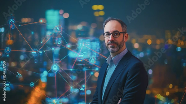 Fototapeta Smart digital Innovation city with connection network reciprocity over the cityscape. of future smart wireless city and social media networking systems that connects business people with in city
