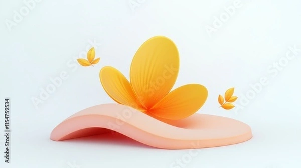 Fototapeta A vibrant, abstract design featuring a yellow flower atop a soft, pink wave, accented by smaller flowers for a playful and artistic feel.