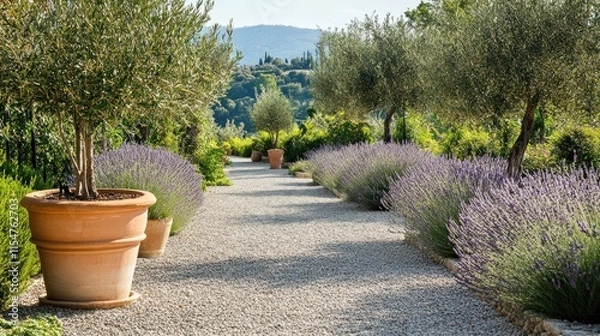 Fototapeta A serene Mediterranean garden with gravel pathways, olive trees, and terracotta pots filled with lavender, sunlight casting soft shadows, minimalist dry landscape design, 