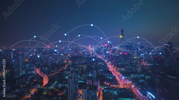 Fototapeta Smart digital Innovation city with connection network reciprocity over the cityscape. of future smart wireless city and social media networking systems that connects business people with in city