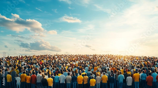 Fototapeta Vast Crowd at Sunrise: A breathtaking panoramic view of a massive crowd of people gathered outdoors, silhouetted against a vibrant sunrise.  The image evokes a sense of unity, community.