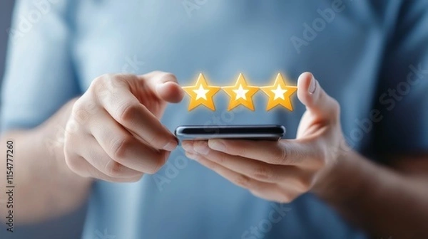 Obraz User submits customer review on mobile app digital space interactive content online environment