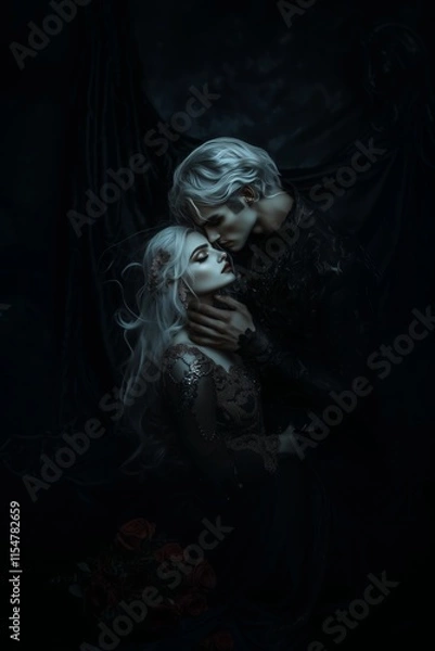 Fototapeta Dark romantic embrace between two ethereal figures in a gothic setting
