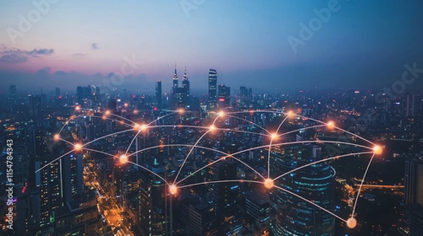 Fototapeta Smart digital Innovation city with connection network reciprocity over the cityscape. of future smart wireless city and social media networking systems that connects business people with in city