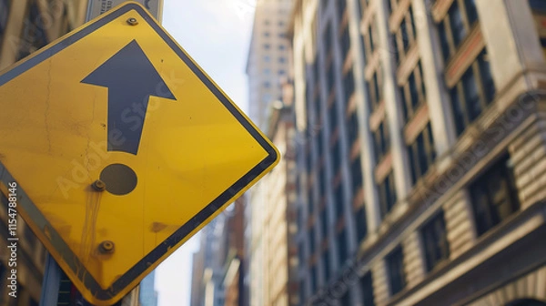 Fototapeta A sharp and clear traffic sign with a yellow triangle and black exclamation mark, symbolizing a police warning, set against a blurred urban street background. Ample copy space for text or design, idea