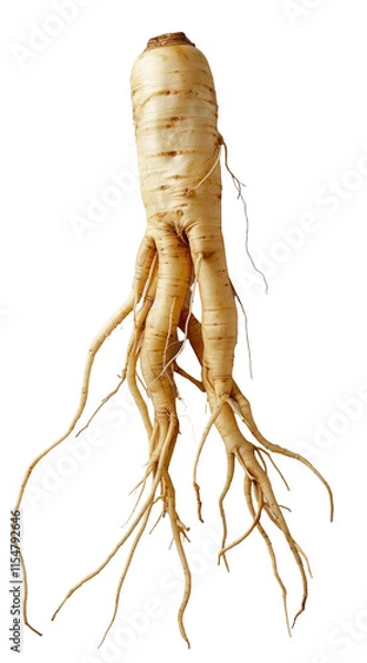 Fototapeta Freshly harvested ginseng root with prominent tapering shape and fine intricate root structure, showcasing natural earthy tones