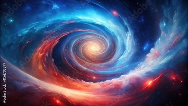 Fototapeta A cosmic swirl of vibrant nebulae, a celestial vortex of fiery red and icy blue, swirling into a radiant core of light.