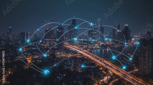 Fototapeta Smart digital Innovation city with connection network reciprocity over the cityscape. of future smart wireless city and social media networking systems that connects business people with in city