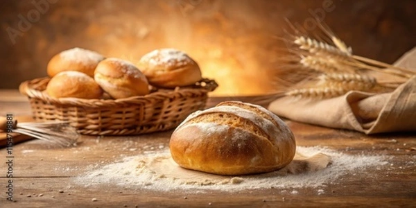 Fototapeta A freshly baked loaf of artisan bread, dusted with flour, sits on a wooden surface next to a wicker basket of smaller rolls and wheat stalks.