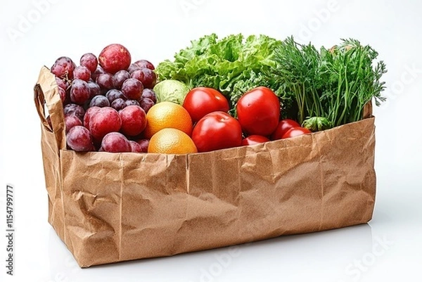 Fototapeta Full paper bag with food. Flat lay. A filled paper bag with a variety of different healthy foods. on a white background.
